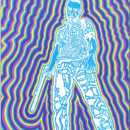 blue white purple yellow abstract figure painting on panel male hero looking down