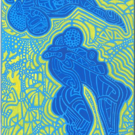 blue yellow abstract figure painting hug embrace