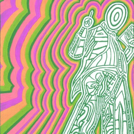 pink yellow green abstract figure painting on panel male hero