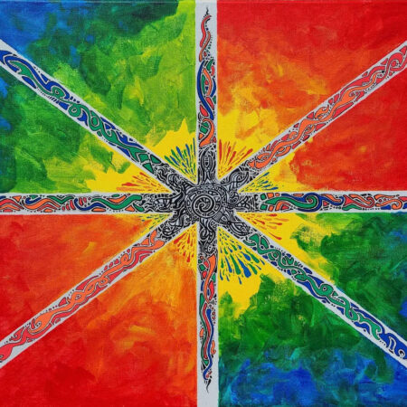 rainbow colored acrylic painting with lots of geometric design