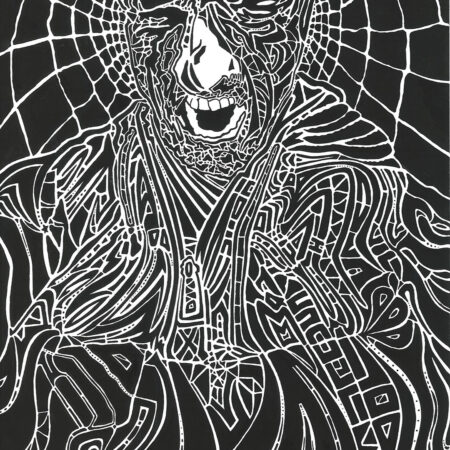 black and white figurative abstract art for sale of man screaming emotional outburst with geometrical chaos all around