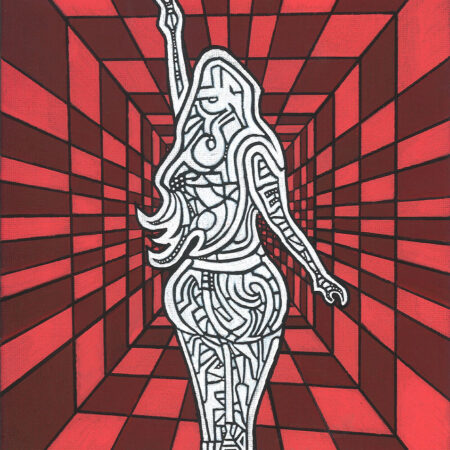 bw female abstract figure making peace sign against 3d red maroon grid