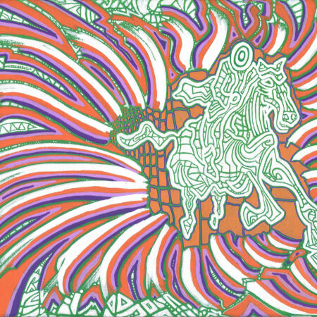 figurative abstract painting of horse and rider green orange purple