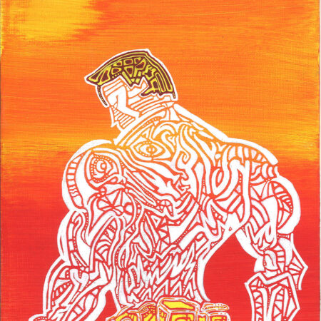 geometric abstract male figure looking down against sunset