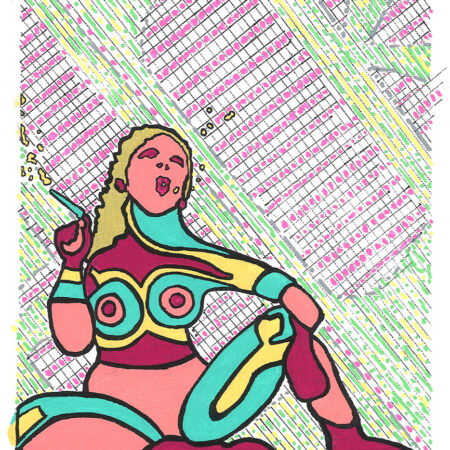 mixed media neurographic female smoking in front of a grid