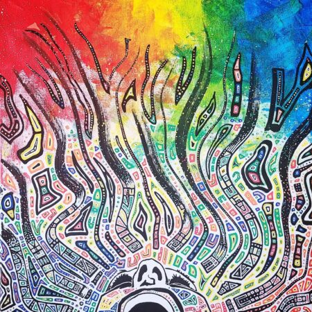 rainbow colored figurative abstract painting 16x20 yelling up