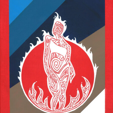 White female figure with flames around her in a circle against red blue and tan background
