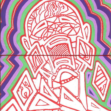 white abstract geometric head on red panel with colors glowing