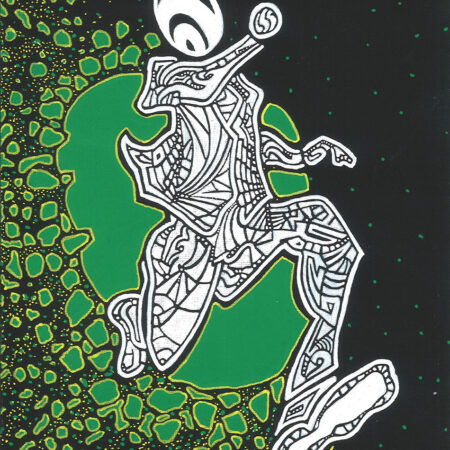 figurative abstract painting of man running through space with explosive material chasing him in green yellow and black