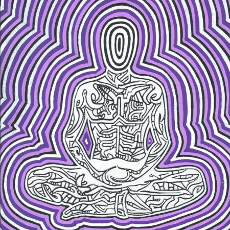 figurative abstract painting of meditator surrounded by purple glow