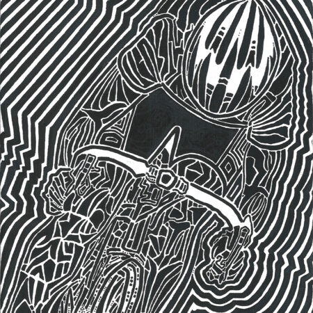 black and white painting of cyclist