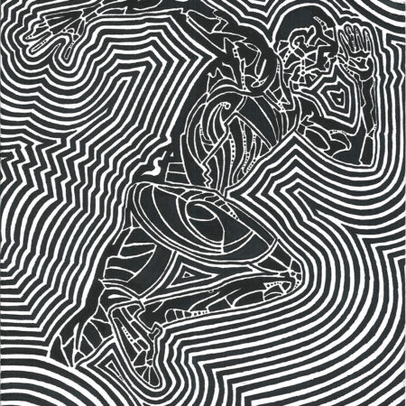 black and white painting of runner in figurative abstract form