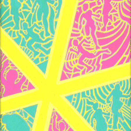 figurative abstract acrylic painting depicting runners in yellow blue and pink