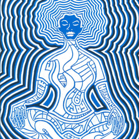 acrylic painting of blue and white female meditating