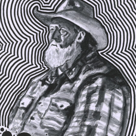 Black and white acrylic portrait of Cowboy Greg with glow effect