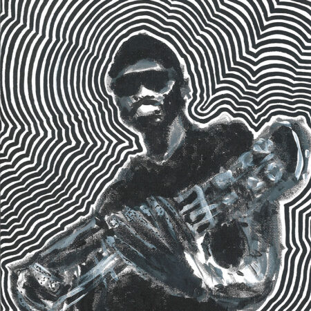 black and white painting of guitar player with glow around him