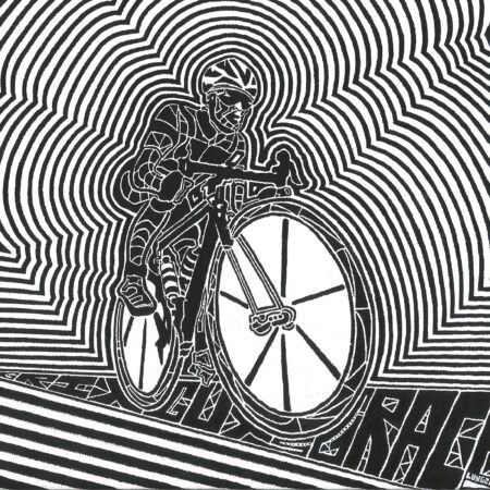 acrylic black and white painting of cyclist riding with glow all around him