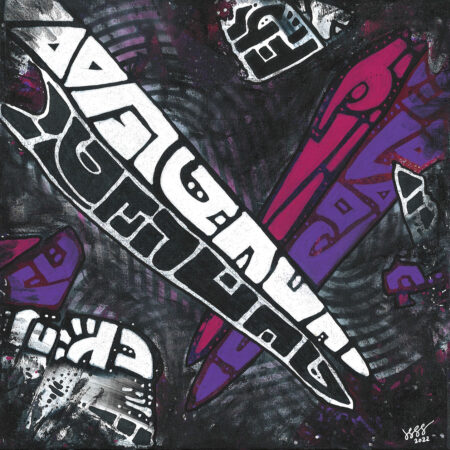 Purple magenta black and white mixed media abstract