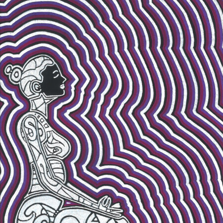 Female meditator with black white and fuscia glow