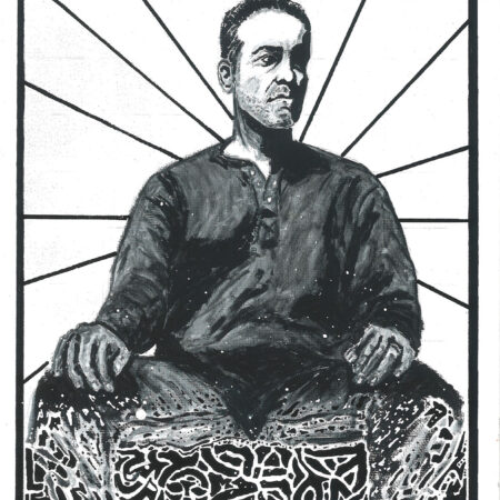 Black and white portrait of a man emerging from a chaotic shape field