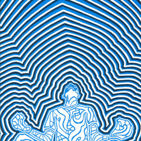 man meditating with energy field around him in blue and white