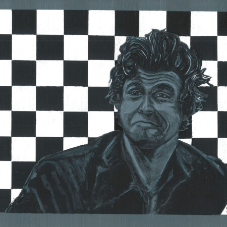 Magnus carlsen black white and gray portrait with chessboard background