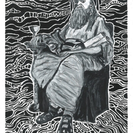 roman named dave with lost of geometry behind him black and white