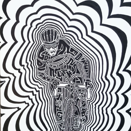 Black and white acrylic painting of cyclist grinding away