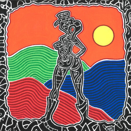 Female with cowboy hat standing against rainbow hills