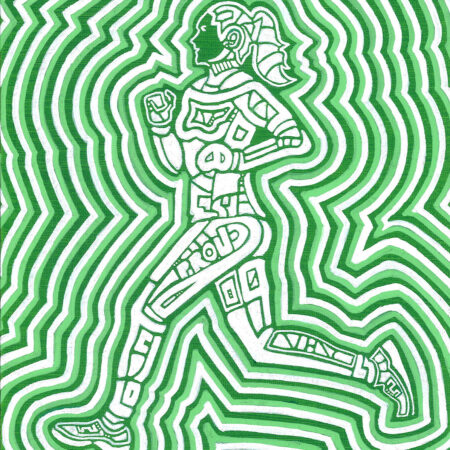 Female runner made of geometric shapes surrounded by green and white glow