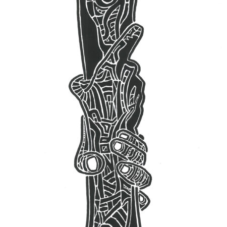 Black and white abstract figure drawing of two hands holding on